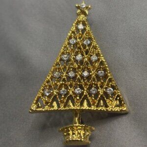 Vintage Gold Christmas Tree Brooch – Rhinestone Holiday Pin – 2" Tall